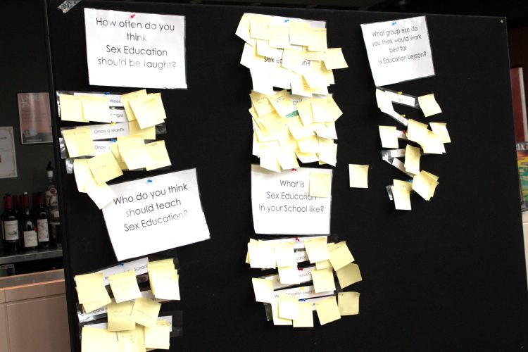 Photo of a pinboard with sticky notes on it