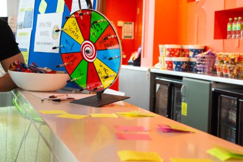 Photo of a table with colourful post-its and spin wheel