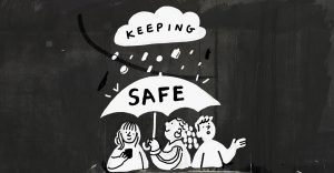 cartoon people using umbrella