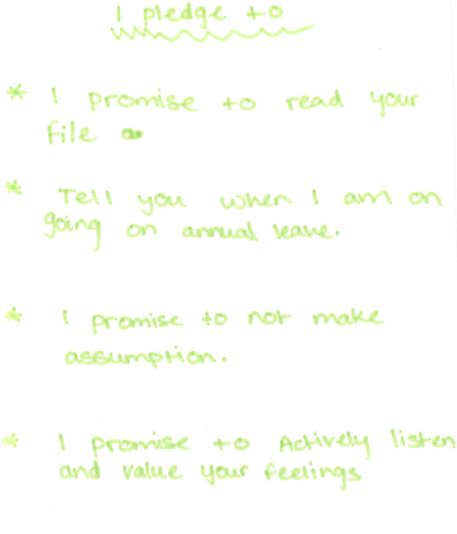 Handwritten pledge by Social Worker